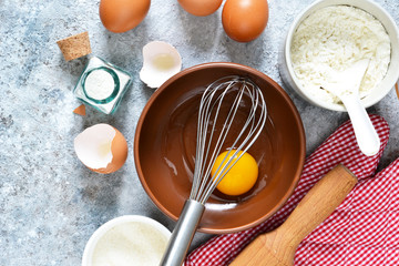 Ingredients for baking: flour, eggs, sugar.