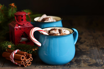 Hot chocolate is a traditional winter drink. Christmas background.