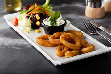 onion rings with salad and sauce on a black background