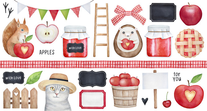 Harvest Time Big Collection with different country side symbols, cute forest characters, party garland, bird footprint, paper tags. Hand drawn watercolour on white background, bright graphic elements.