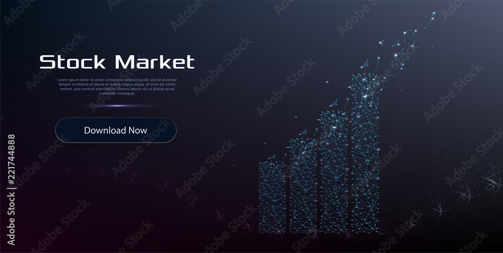 Poster abstract financial chart with uptrend line graph and bar chart on blue color background.low poly blu