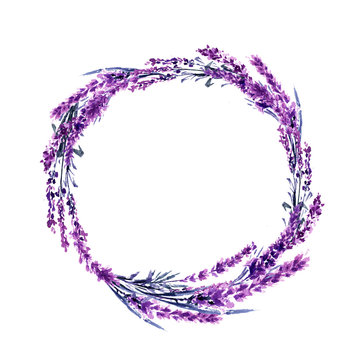 Lavender flower wreath watercolor illustration. Wildflowers circle frame. Wedding invitations and Valentines Day postcards floral design. Love and marriage symbol. Lavender wreath isolated raster