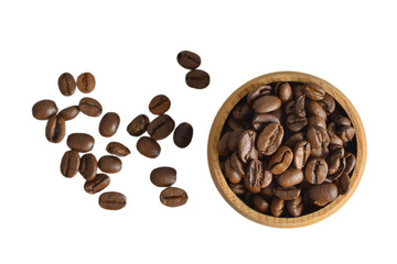 Top view of coffee beans in a bowl isolated on white background