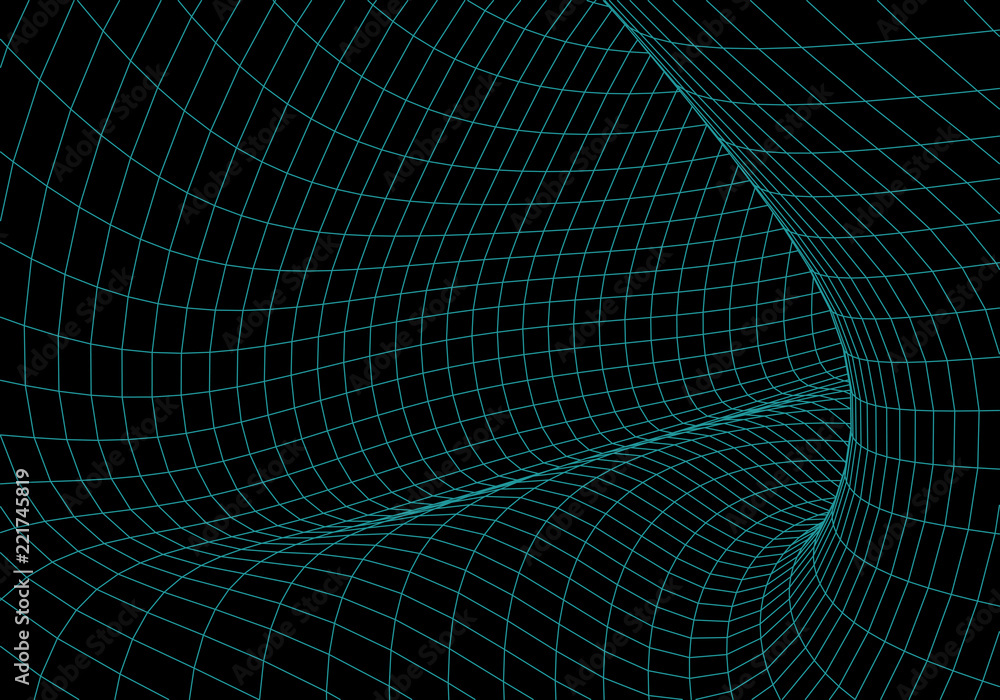 Poster tunnel or wormhole. digital 3d wireframe tunnel. 3d tunnel grid. network cyber technology. surrealis