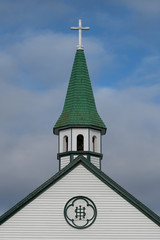 Closeup of the steeple of Saint Joseph's Catholic Church in Bonavista, Newfoundland