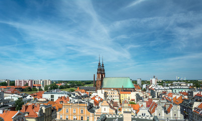 Fototapeta premium Panorama from the main building in the town of Opole. Colorful houses and pavements, magnificent area. Historical architecture of Europe.