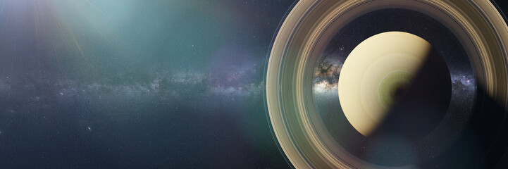 planet Saturn, the sixth planet in the Solar System lit by the Sun, top view