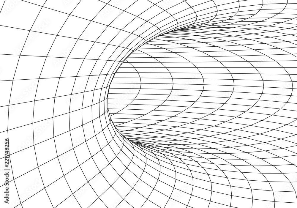 Poster tunnel or wormhole. digital 3d wireframe tunnel. 3d tunnel grid. network cyber technology. surrealis