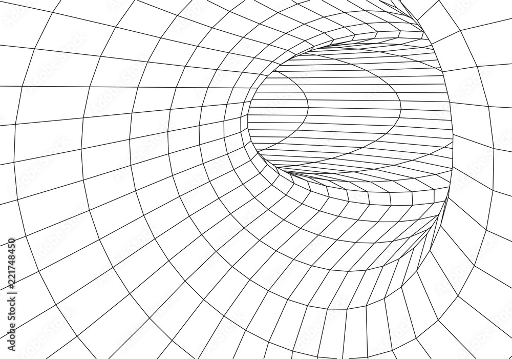 Poster tunnel or wormhole. digital 3d wireframe tunnel. 3d tunnel grid. network cyber technology. surrealis