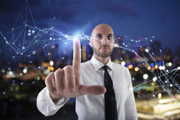 Businessman works with futuristic internet interface