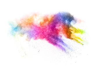 abstract powder splatted background. Colorful powder explosion on white background. Colored cloud. Colorful dust explode. Paint Holi.