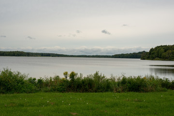 View of Howard Eaton reservoir from the lakeshore, cloudy sky