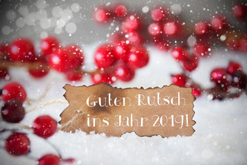 Fototapeta na wymiar Burnt Label, Snow, Snowflakes, Guten Rutsch 2019 Means New Year