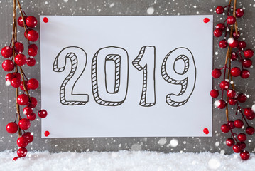 Fototapeta na wymiar Label, Snowflakes, Red Christmas Decoration, Text 2019, Snow