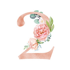 Peach Cream Blush Floral Number - digit 2 with flowers bouquet composition. Unique collection for wedding invites decoration & other concept ideas.