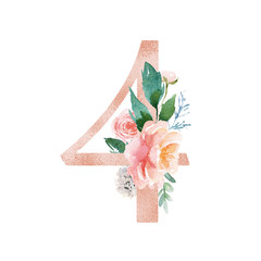 Peach Cream Blush Floral Number - digit 4 with flowers bouquet composition. Unique collection for wedding invites decoration & other concept ideas.