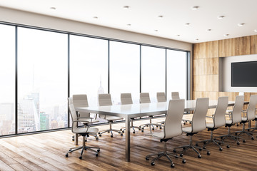 Modern wooden meeting room with poster