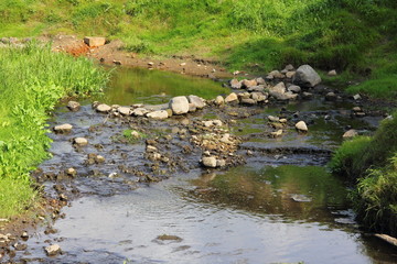 Rocky winding bed of a small river in the summer day against the green banks of the valley