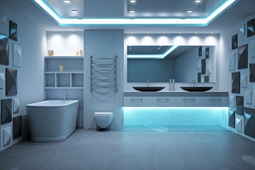 Naklejka na ściany i meble Blue illuminated bathroom interior