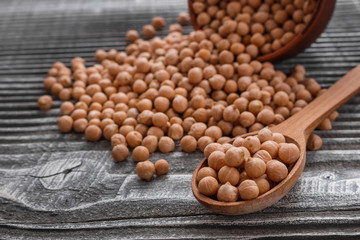 uncooked chickpeas on a wooden rustic background