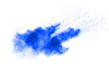Blue powder explosion on white background. Colored cloud. Colorful dust explode. Paint Holi.