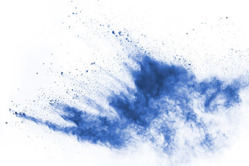 Obraz premium Blue powder explosion on white background. Colored cloud. Colorful dust explode. Paint Holi.