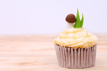 Decorated cupcake on wooden background