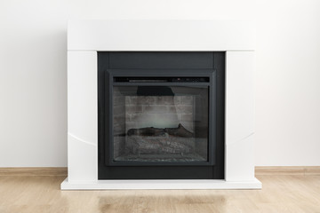 Apartment interior detail, modern fireplace