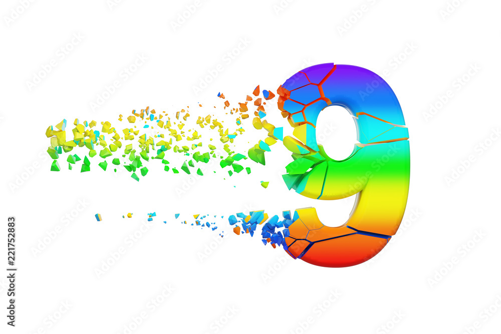Fototapete broken shattered iridescent alphabet number 9. crushed rainbow font. 3d render isolated on white bac