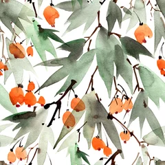 Wall murals Watercolor fruits Tree and berries pattern on white background
