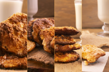 Collage of photos of round home-made cookies with a golden  crust.