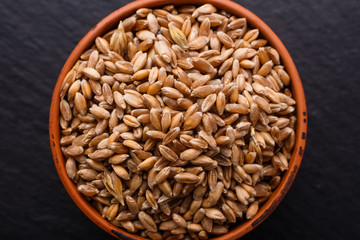 spelt seeds on a dark stone background