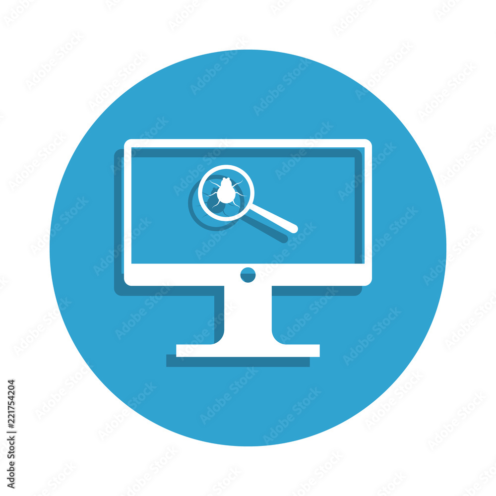Poster beetle in the magnifier on the monitor screen icon in badge style. one of cyber security collection 