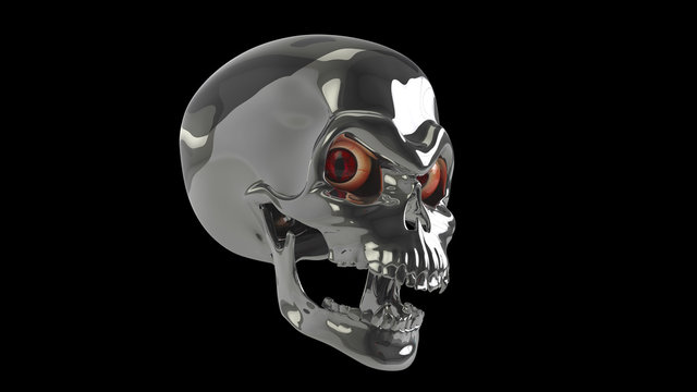 3d render robot skull metal with vampire's eyes halloween.