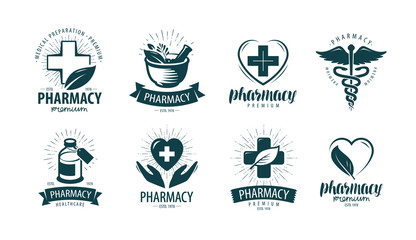 Pharmacy, drugstore logo or label. Medicine, medication symbol. Vector illustration