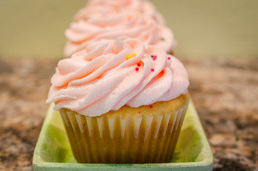 Sweet creamy butter cream frosting on top of cherry chip cupcake. Swirls of smooth icing sprinkled with candy sprinkles. Celebrate party of festive celebration with home baked cup cakes.