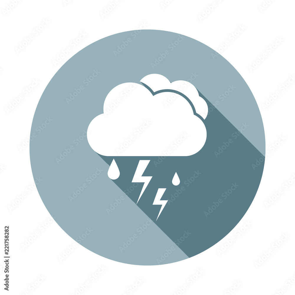 Poster cloud with rain and lightning bolt icon in flat long shadow style. one of web collection icon can be