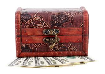 Treasure chest with many bank notes. Wooden chest. Treasure. Casket