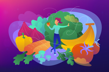 Fototapeta na wymiar A white woman among fruits, vegetables and mushrooms as a concept of raw veganism, raw foodism, fruitarianism, juicearianism and sproutarianism. Vector illustration on ultraviolet background.