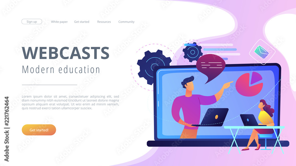 Wall mural student with laptop and lector at the lcd screen. webcasts and modern education landing page. web se