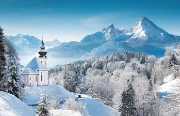 Türaufkleber Church of Maria Gern with Watzmann in winter, Berchtesgadener Land, Bavaria, Germany © JFL Photography