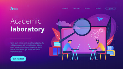Students with laptops are searching information in comruter class. Academic laboratory landing page. Computer lab, modern education and student research. Vector illustration on ultraviolet background.