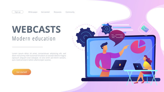 Student with laptop and lector at the LCD screen. Webcasts and modern education landing page. Web seminars, webinars and peer-level web meetings, violet palette. Vector illustration on background.