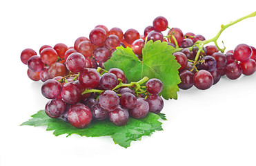 Red grape with leaf isolated on white background