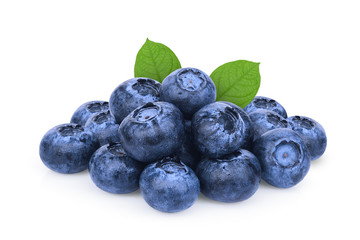 pile of blueberry with green leaf isolated on white background