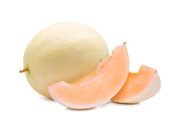 whole and slices honeydew cantalupe melon(sunlady) isolated on white background