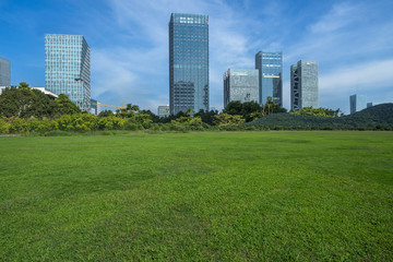 Obraz premium green lawn with city skyline background