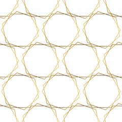 Obraz premium Gold foil hexagons seamless vector pattern background. Geometric metallic shiny gold foil shapes on white background. Elegant & fancy design for digital paper, gift wrap, birthday card, wedding, party