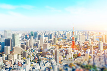 panoramic modern city skyline aerial view under blue sky in Tokyo, Japan