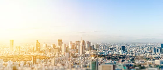 Crédence en verre imprimé Tokyo Concept commercial et culturel - vue aérienne panoramique sur les toits de la ville moderne sous un ciel bleu spectaculaire à Tokyo, au Japon. effet de flou de décalage d& 39 inclinaison d& 39 objectif miniature